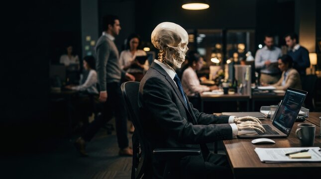 A skeleton in a suit works on a laptop at a desk in a busy office environment office syndrome