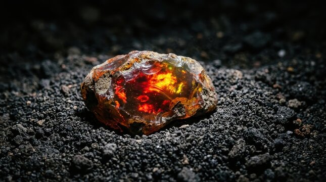 Striking rough fire opal gemstone displaying intense red and orange hues on a dark, textured surface