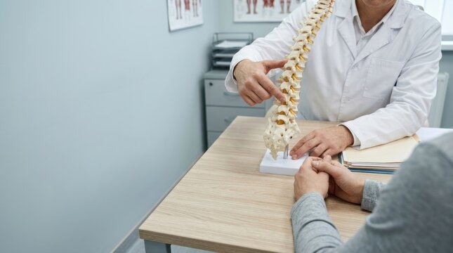 Doctor demonstrates human spine model to patient during medical consultation at desk