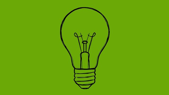 hand drawn style black lightbulb icon animation featuring a dynamic line boil effect on a green screen chroma key background, perfect for creative concepts and business ideas