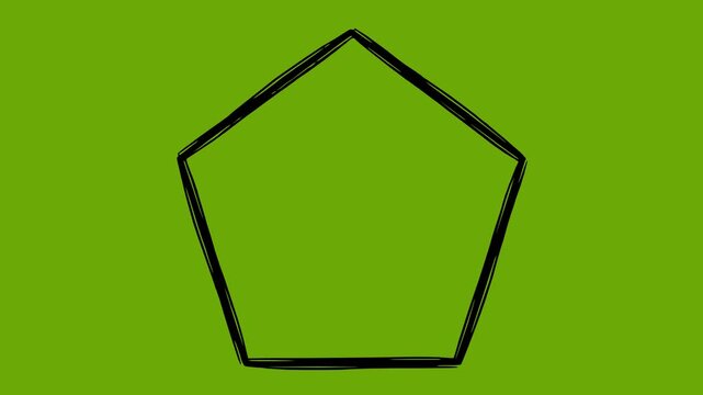 black hand drawn pentagon shape animation featuring a boiling ink effect and whiteboard style on a green screen background