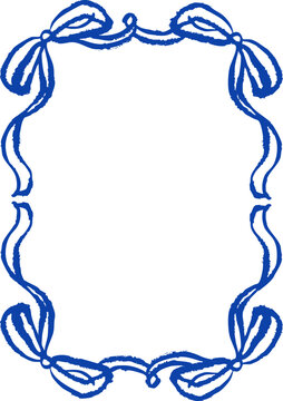 Coquette doodle frame in blue ink style. Retro whimsical line art border. Cute curly frame. Template, card, poster, banner concept. Vector crayon isolated illustration
