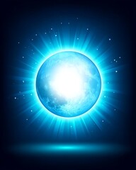 Fototapeta premium Luminous bright blue sphere glowing with radiating light and particles against dark background for fantasy.