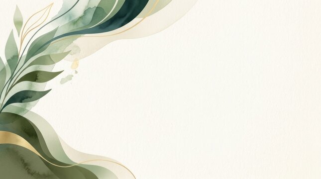 A green and white abstract floral design with a gold border on a white background.