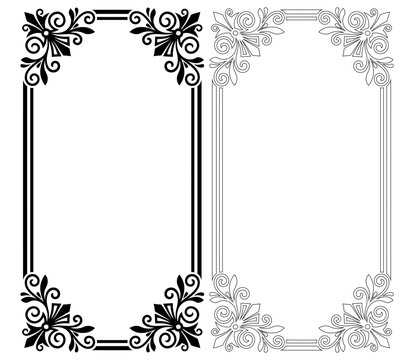 Decorative floral frame corners in black and white ornate design silhouette