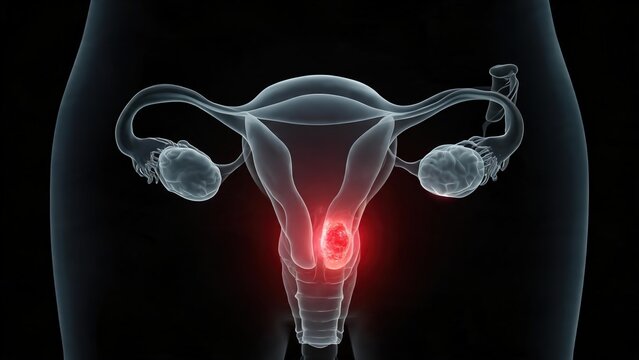 Cervical Cancer: transparent human cervix medical illustration showing tumor lesions and pathological tissue features