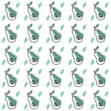 Seamless avocado pattern illustration featuring minimal line art, leaves, and soft green color splashes.