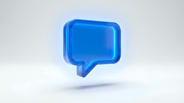Glowing blue speech bubble with rounded corners and pointer on white background, representing communication, messaging, chat, dialogue, feedback, and social media interaction.