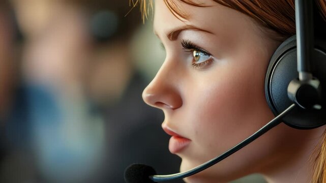 Young woman wears headset, focused, listening attentively. Soft focus background suggests office environment. Professional demeanor implies customer service role