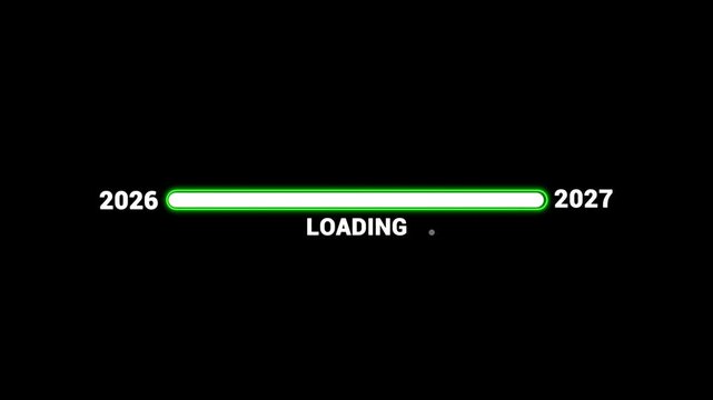 New year 2027 loading bar animation Year changing from 2026 to 2027. Loading bar from 2026 to 2027 new year transfer animation. Almost reaching New Year on black background.