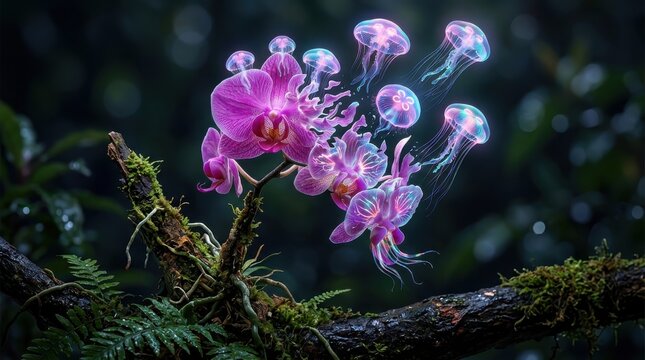 Purple orchids transforming into glowing jellyfish in a forest