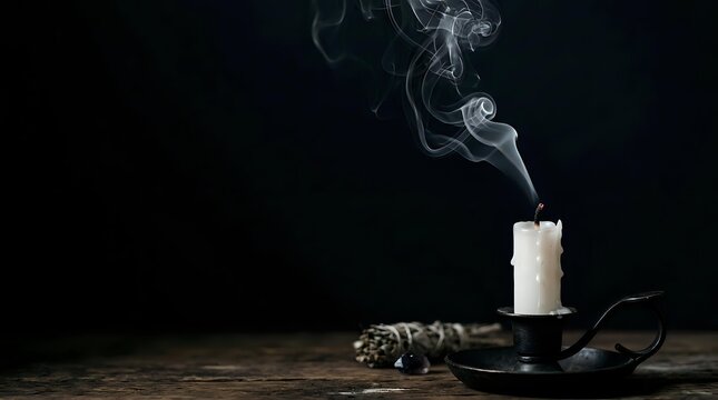 Lit white candle with smoke wisps rising against dark background, accompanied by dried herbs and black rope on wooden surface for mystical, spiritual, or occult themed projects.