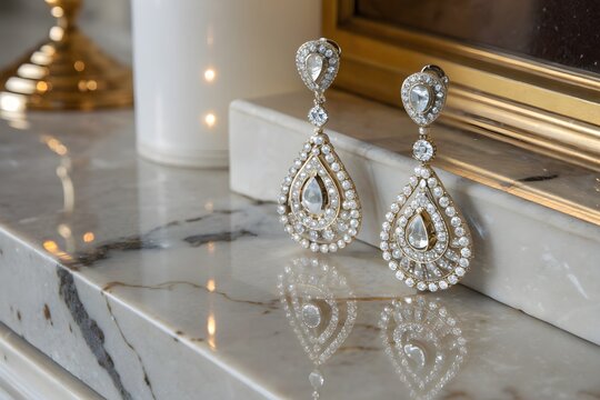 Gold diamond chandelier earrings isolated on transparent background for elegant decor
