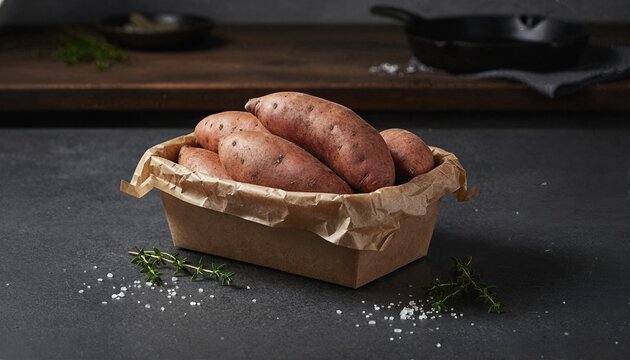 Gourmet sweet potatoes in rustic paper packaging on dark stone