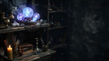 Fototapeta premium Glowing crystal balls on wooden shelf with candles and mystical objects in dark atmospheric setting for occult and spiritual themes.