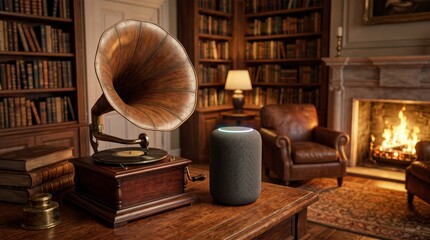 Obraz premium A classic gramophone and a smart speaker on a wooden table. Concept contrast between retro charm and modern technology, ideal for themes of innovation, nostalgia, and interior design. Generative AI.