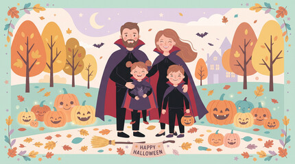 Fototapeta premium Illustration of family wearing vampire costumes on Halloween