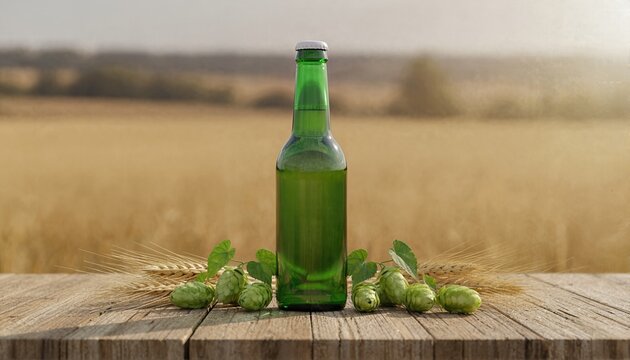 Green glass beer bottle on a rustic outdoor table with fresh hops and barley
