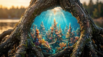Obraz premium Underwater coral reef city viewed through tree roots