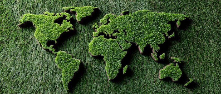 World map silhouette formed by green grass on a light grassy background, showing continents clearly from a top down view in bright natural light