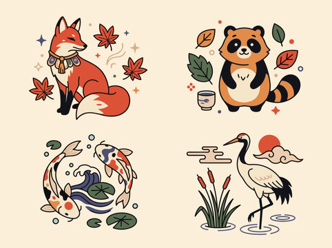 Cute traditional japan folklore animals vector set featuring kitsune fox tanuki raccoon koi fish and red crowned crane isolated on background