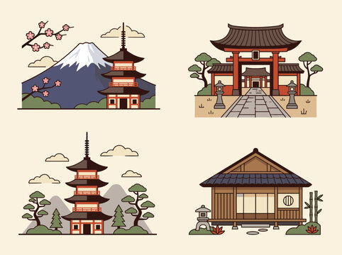 Traditional japan landmark architecture vector set featuring Mount Fuji pagoda temple torii gate and traditional japanese house isolated on background
