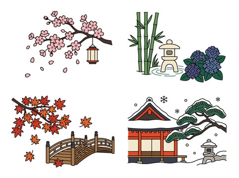 Japan four seasons landscape vector set featuring cherry blossom sakura bamboo garden autumn maple wooden bridge and snowy winter temple isolated on white background