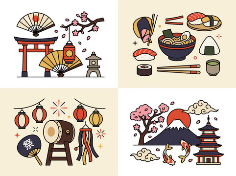 Traditional japan cultural vector set featuring torii gate japanese food sushi ramen festival taiko drum and Mount Fuji pagoda isolated on background