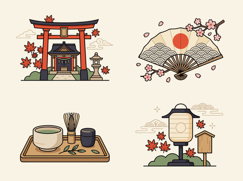 Traditional japan culture vector set featuring torii gate temple folding fan cherry blossom matcha tea set and paper lantern isolated on background