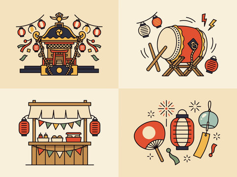 Traditional japan festival matsuri vector set featuring portable shrine mikoshi taiko drum food stall yatai lantern uchiwa fan and wind chime isolated on background