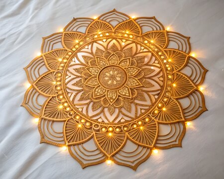 Golden wood illuminated mandala isolated with real transparent background for elegant decor