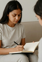 Naklejka premium Young indian woman writing in a notebook with a pen, focused on her studies or personal reflections