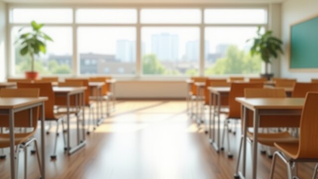 bright airy modern empty classroom with large windows perfect for educational marketing materials featuring natural light