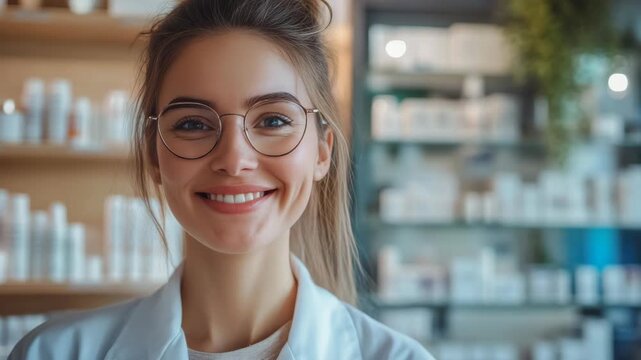 A cheerful woman inside a pharmacy with her eyes closed.