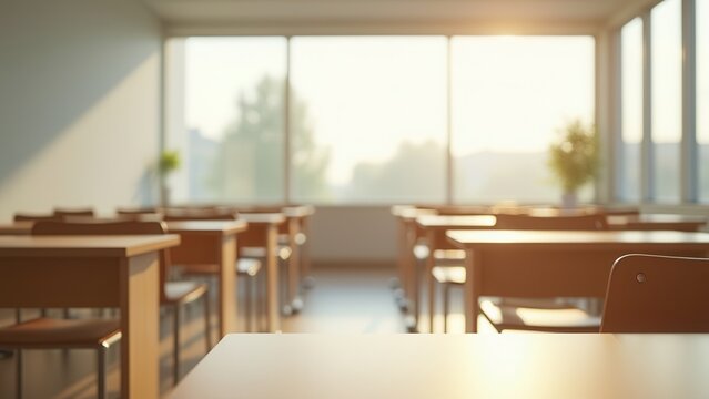 bright airy modern classroom interior with panoramic windows soft daylight on wooden desks for educational marketing template