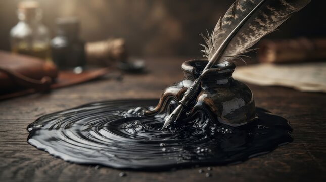 Quill pen and inkwell with spilled black ink on wooden desk