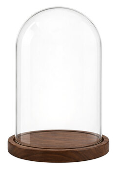 Empty glass cloche display dome with a dark wooden base isolated on a black background