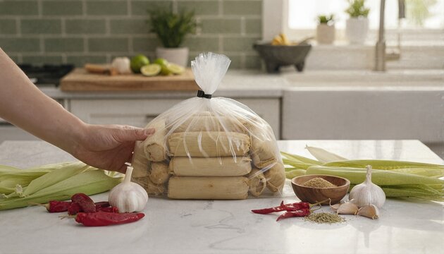 Hand reaching for fresh tamales and ingredients on marble