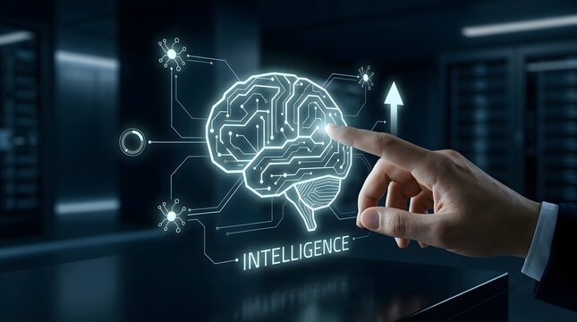 Artificial intelligence concept with a glowing human brain outline and connecting circuitry being touched by a hand in a server room