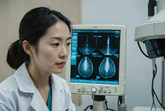 Female asian doctor reviewing mammogram images on a medical monitor in a hospital or clinic setting