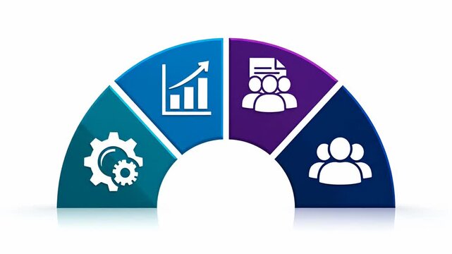 Teal gear and line graph circular segment icon.