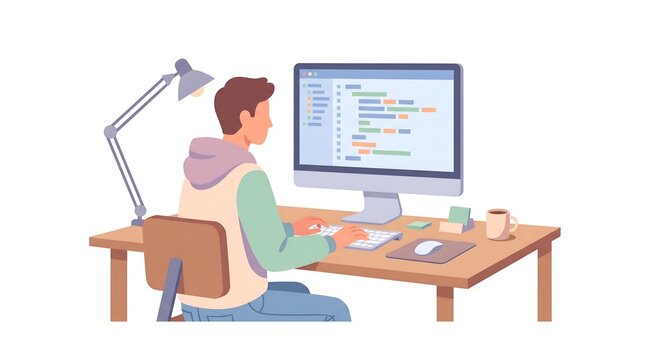 Flat Vector Illustration of Programmer Coding on Desktop Computer Screen