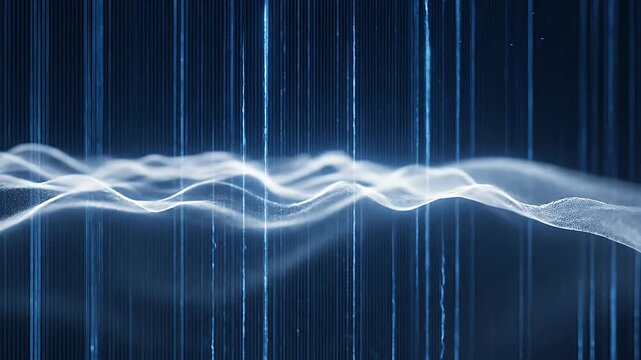Blue digital mesh waves on dark vertical lines.