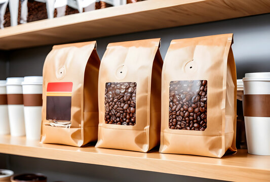 Craft paper coffee bean bags and disposable cups on a wooden shelf in a cafe or grocery store, Two bags feature clear windows roasted coffee beans, while another bag has a blank label