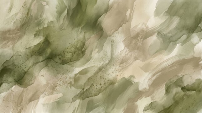 A green and brown abstract watercolor painting with a camouflage pattern.