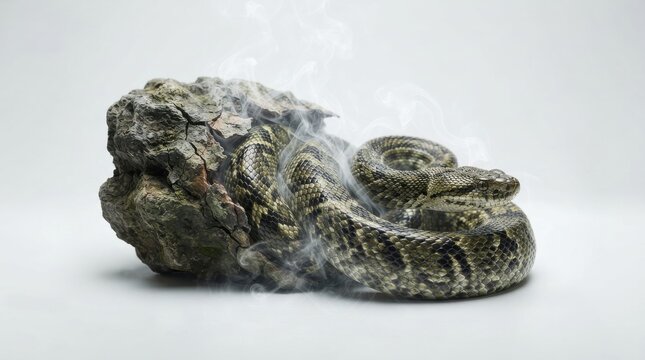 Coiled boa constrictor snake on a rock with swirling smoke