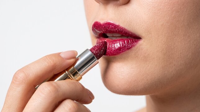 Close up of a woman applying shimmering dark red lipstick to her full lips with a golden tube