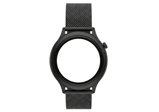 Black smartwatch with metal mesh strap on transparent background watch