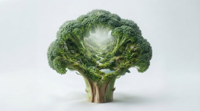 Broccoli head shaped like a lush valley with a river