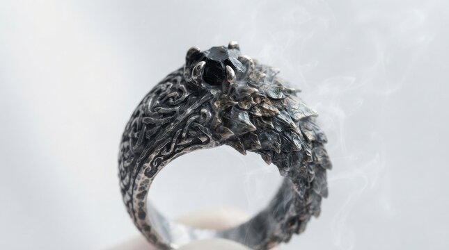 Gothic dragon scale silver ring with black gemstone
